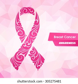 Ornate Ribbon of Breast Cancer on abstract pink background. Vector illustration can be used for design poster, banner
