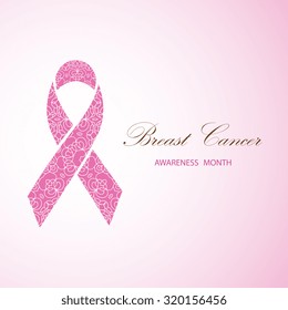 Ornate Ribbon of Breast Cancer on  pink background. Vector illustration can be used for design poster, banner