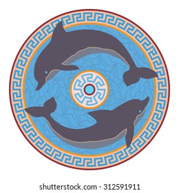 Ornate rosette with two dolphins. Minoan style.