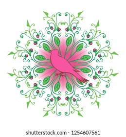 Ornate round floral mandala ornament with a pink bird in the center.
