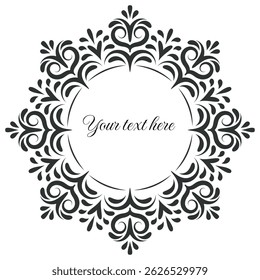 Ornate round frame with place for text. A decorative editable frame in royal style, with place for text, photographs, artwork. Classic traditional frame with scrolls, swirls.