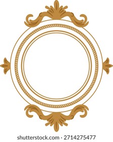 Marco redondo adornado con florecimiento de desplazamiento y centro vacío, detalle de línea grabado y borde clásico. Símbolo de elegancia, lujo, certificado, etiqueta y monograma de boda. Ilustración vectorial de dibujos animados.
