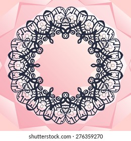 Ornate round frame for text. Frame Mandala on triangles background. Perfect for any kind of design, kaleidoscope, medallion, karma, yoga, indian, arabic lace over pink triangles background