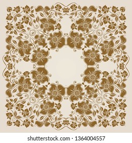 Ornate round lace ornament, circle background with floral elements, swirls, curves, flowers, leafs. Vintage filigree patterns, refined details for design of retro, post card, wedding invitation, menu