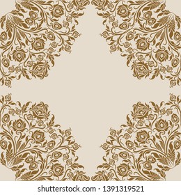 Ornate round lace ornament, circle background with floral elements, swirls, curves, flowers, leafs. Vintage filigree patterns, refined details for design of retro, post card, wedding invitation, menu
