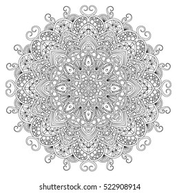Ornate round lace ornament mandala. Vintage vector pattern isolated. Hand drawn abstract background. Decorative retro banner. Invitation, wedding card, scrap booking. Tattoo element.