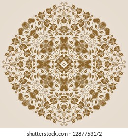 Ornate round lace ornaments, circle background with floral elements, details, flowers, leafs. Vintage filigree patterns, mandala.