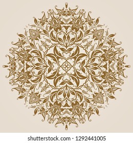 Ornate round lace ornaments, circle background with floral elements, details, flowers, leafs. Vintage filigree patterns, mandala.