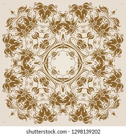 Ornate round lace ornaments, circle background with floral elements, details, flowers, leafs. Vintage filigree patterns, mandala.