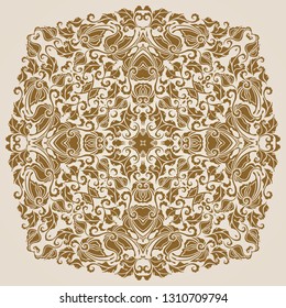 Ornate round lace ornaments, circle background with floral elements, details, flowers, leafs. Vintage filigree patterns, mandala.