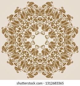 Ornate round lace ornaments, circle background with floral elements, details, flowers, leafs. Vintage filigree patterns, mandala.