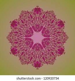 Ornate round lace pattern, circle background with floral details. Vintage lace ornament.