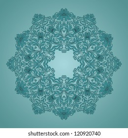 Ornate round lace pattern, circle background with floral details. Vintage lace ornament.