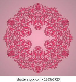 Ornate round lace pattern, circle background with floral details. Vintage lace ornament.