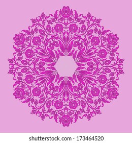 Ornate round lace pattern, circle background with floral details. Vintage lace ornament.