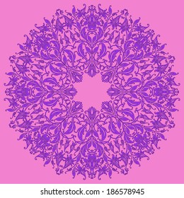 Ornate round lace pattern, circle background with floral details. Vintage lace ornament.