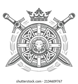 Ornate round shield with celtic pattern, crown and crossed swords, medieval knight emblem, royal coat of arms, vector