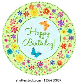 Ornate round summer framework with abstract flowers, butterflies and ladybugs on stems. Happy Birthday card for kids. Pattern brush and swatch included in EPS file. 