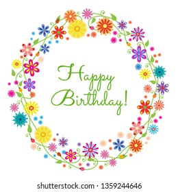 Ornate round summer framework formed of fancy flowers and butterflies. 
flowers, butterflies and ladybugs on stems. Happy Birthday card for kids. 
