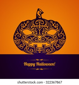 Ornate scary pumpkin silhouette on bright orange background. Poster, banner, party invitation, greeting card design.  Happy Halloween