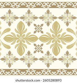 Ornate Scroll Artistic Olive Color and Brown on Light Beige Background Seamless Border Pattern. Victorian Baroque Square in Version of Medieval Design for Decoration Embroidery Cross Stitch Textiles