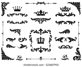 Ornate scroll and decorative design elements with crowns. Vintage Vignette Borders Set. Calligraphic Vector illustration isolated.