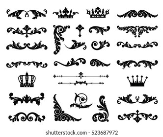 Ornate scroll and decorative design elements with crowns. Vintage Vignette Borders Set. Calligraphic Vector illustration isolated.