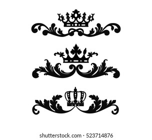 Ornate scroll and decorative design elements with crown. Vintage Vignette Borders Set. Calligraphic Vector illustration isolated on white background.