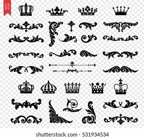 Ornate scroll and decorative design elements with crowns. Vintage Vignette Borders Set. Calligraphic Vector illustration isolated.