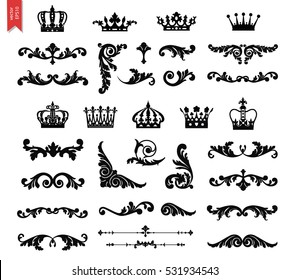 Ornate scroll and decorative design elements with crowns. Vintage Vignette Borders Set. Calligraphic Vector illustration isolated.