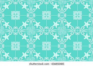 Ornate sea themed portuguese and brazilian tiles azulejos with starfish and shells in turquoise color. Spanish talavera tiles. Vintage pattern. Abstract background. Vector illustration, eps10. 