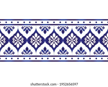 ornate seamless borders, abstract ornament Thailand and India style, Imitation of porcelain painting, blue and white ceramic decorative line design, indigo , Eastern style element, vector illustration