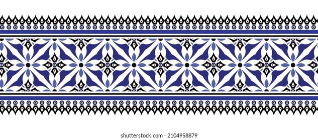 ornate seamless borders, abstract ornament Thailand and India style, Imitation of porcelain painting, blue and white ceramic decorative line design, indigo , Eastern style element, vector illustration