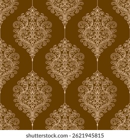 Ornate seamless damask design in soft gold tones over a rich brown backdrop. Perfect for classic decor, wallpaper, elegant textiles, and vintage-style design projects.