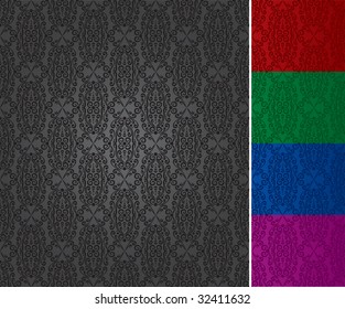 Ornate seamless damask wallpaper pattern backgrounds, perfectly tile-able, in 5 color variations. Vector illustration, scalable and editable.