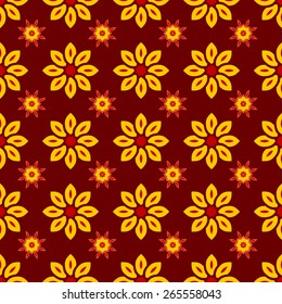 Ornate seamless floral pattern with yellow flowers on maroon background, decorative vector wallpaper. It can be used for decorating of textiles, bags, covers of books and clothes. 