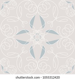 Ornate seamless pattern background tile, vector in white on pink background, with green/grey.