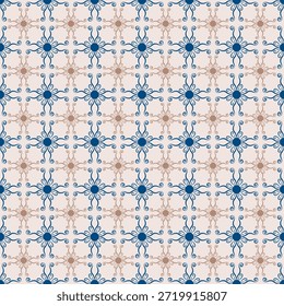 Verziertes nahtloses Muster mit blauen und beigen dekorativen Fliesenmotiven. Symmetrische Vintage Damast Tapete, elegante marokkanischen Stil Keramik Ornament für die Innenausstattung, Stoffdruck, Stoff.