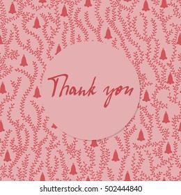 Ornate seamless pattern with branches and bells. Pink background and thank you lettering. Thank you hand lettering vector. Hand writing thanksgiving card design. 