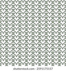 Ornate seamless pattern with connected scrolls. Olive-green geometric background in kazakh, turkish, eastern style for textile, linen, scarf, shirt. Wavy traditional motif.