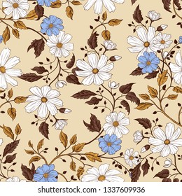  
Ornate seamless pattern with cosmela flowers.
Vintage vector illustration with engraved elements.
