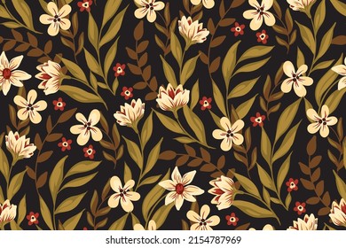 Ornate seamless pattern with field plants, wildflowers, herbs, lush foliage on a black background. Beautiful floral print with rustic flowers and leaves. Vector illustration.
