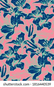 Ornate seamless pattern with flowers, buds and leaves of Lily Flowers drawn by hand in freehand floral style on colored background. Contemporary Home textile, wallpaper, fabric, cover, package.