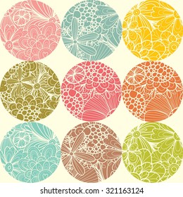 Ornate seamless pattern with flowers polka dots. Seamless pattern can be used for wallpaper, pattern fills, web page background, surface textures.
