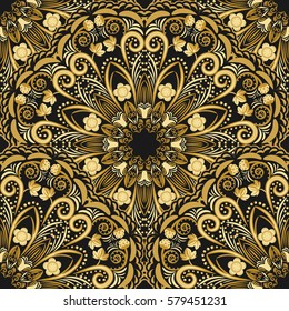 Ornate seamless pattern of golden mandala on black background. Vector illustration.