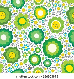 Ornate seamless pattern with green flowers. 