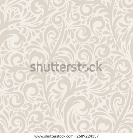 Ornate Seamless pattern. Lace damask background with dense swirls in beige color for invitations, textiles, wallpapers. Monochrome classic backdrop.