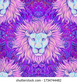 Ornate seamless pattern with lion head. African, Indian, totem, tattoo, sticker  design. Design of t-shirt, bag, postcard and posters. Vector isolated illustration in bright colors. Zodiac sign Leo.