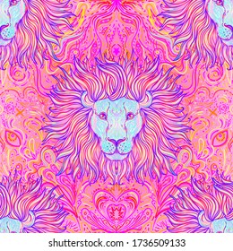 Ornar sin fisuras con la cabeza de león. Africano, indio, tótem, tatuaje, diseño de pegatinas. Diseño de camisetas, bolsos, postales y carteles. Ilustración aislada de vectores en colores de neón. Señal Zodiac Leo.
