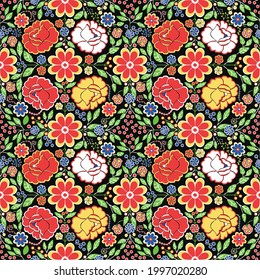 Ornate seamless pattern. Lots of bright flowers on black.